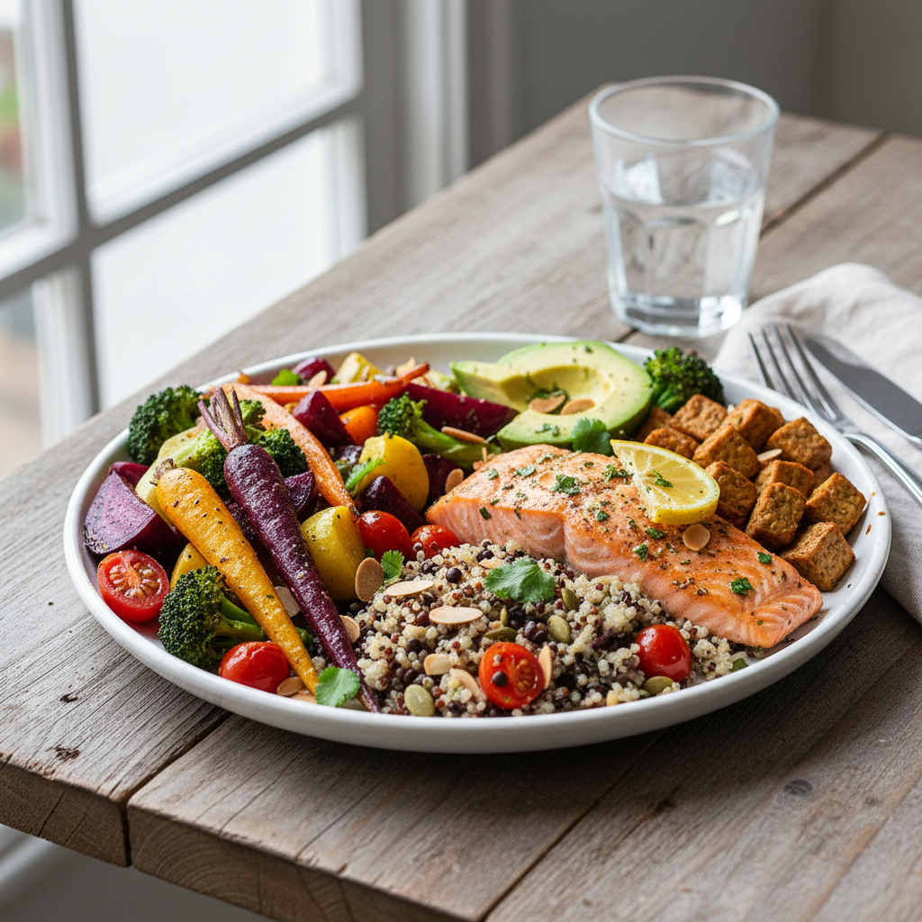 Piring makan seimbang dengan berbagai sayuran, biji-bijian, dan protein alami